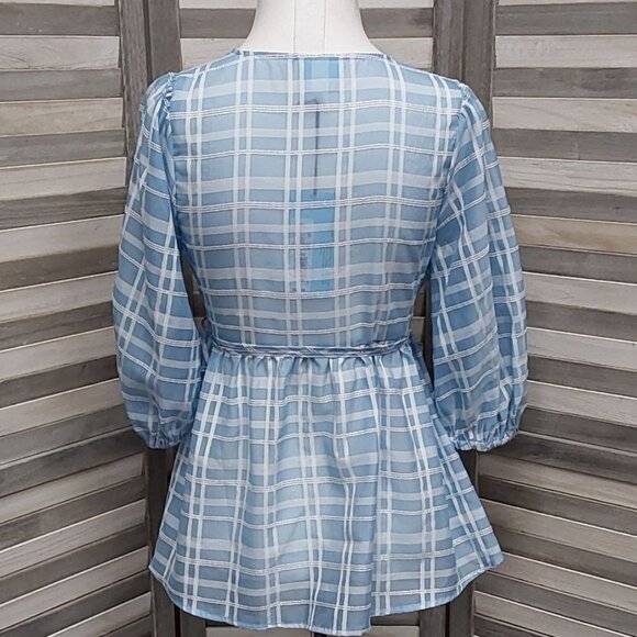 Blue Sheer Gingham Puff Sleeve Wrap Blouse | Future Collective | X Small - Picture 6 of 10